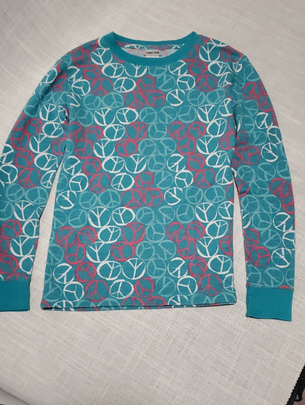 Cherokee Teal Turquoise Peace Sign Long Sleeve Top